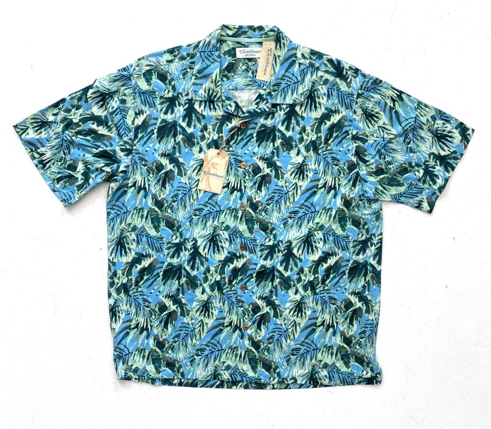 Caribbean Roundtree & Yorke Nwt Silk Blend Green Tropical Camp Shirt Large L